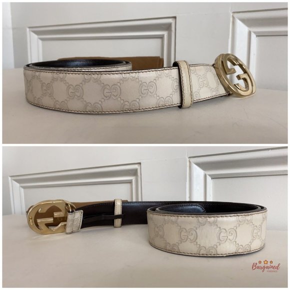 Authentic Gucci Cream Guccissima Leather Gold Interlocking G Buckle Belt 90/36 - Picture 10 of 13